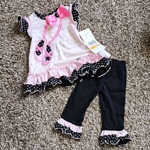 NWT Rare Editions Pink & Black Ruffle 2 Piece Set Top & Pants Ballerina Size 12m